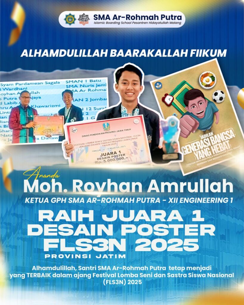 Santri SMA Ar-Rohmah, Moh. Royhan Amrullah, raih Juara 1 FLS2N Desain Grafis Jawa Timur dan siap wakili Jatim ke tingkat nasional.