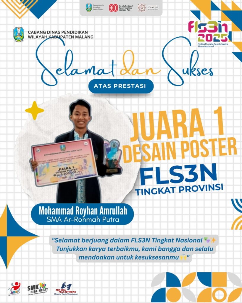 Santri SMA Ar-Rohmah, Moh. Royhan Amrullah, raih Juara 1 FLS2N Desain Grafis Jawa Timur dan siap wakili Jatim ke tingkat nasional.