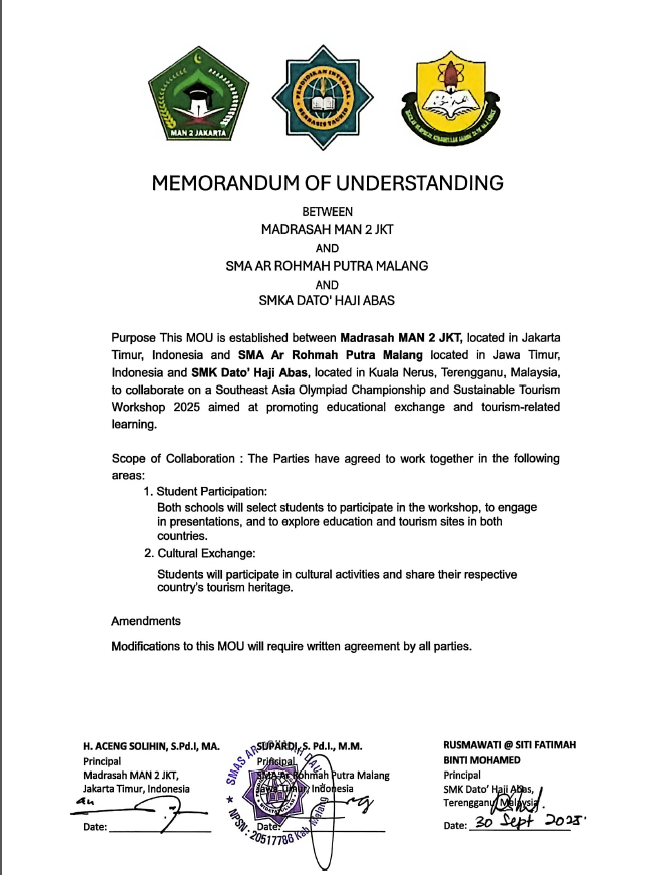 MoU, SMA Ar Rohmah Putra Malang Melangkah ke Kancah Internasional! Kolaborasi Tiga Sekolah di Southeast Asia Olympiad 2025