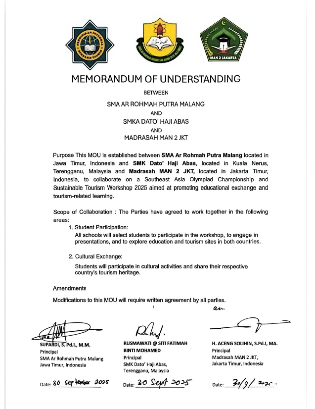 MoU, SMA Ar Rohmah Putra Malang Melangkah ke Kancah Internasional! Kolaborasi Tiga Sekolah di Southeast Asia Olympiad 2025